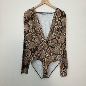 Zara Women Snakeprint Bodysuit Longsleeve V Going Out Brown Stretch Size Large